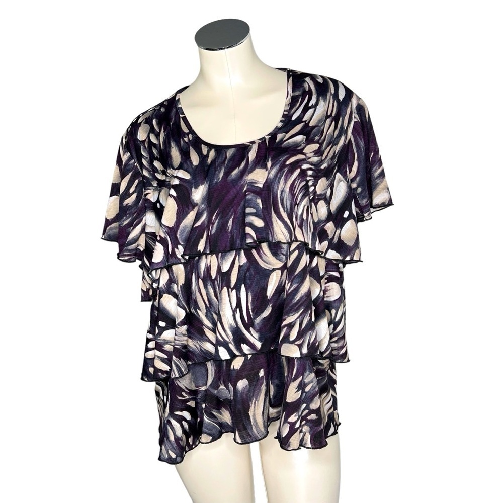 NORTHSTYLE Purple Black Tan Abstract Short Sleeve Ruffled Top Women's Size 2X